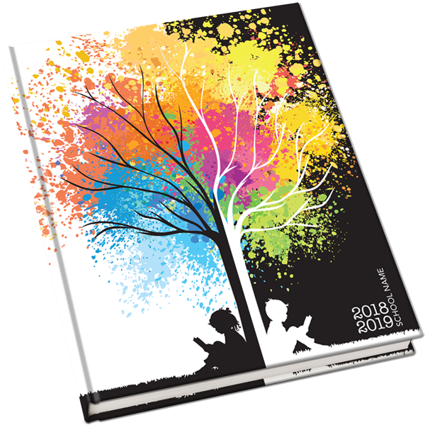 splatter paint tree yearbook cover, children reading, elementary school yearbook theme