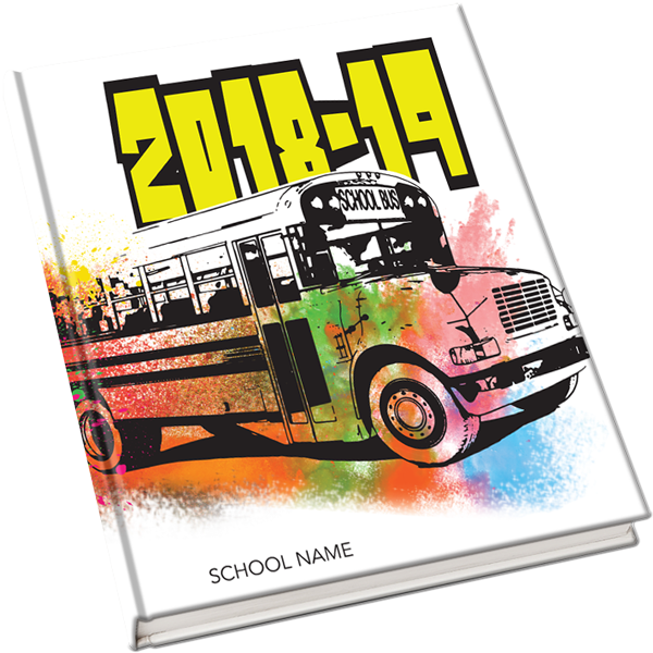 spray painted schoolbus, creative yearbook cover, yearbook inspiration