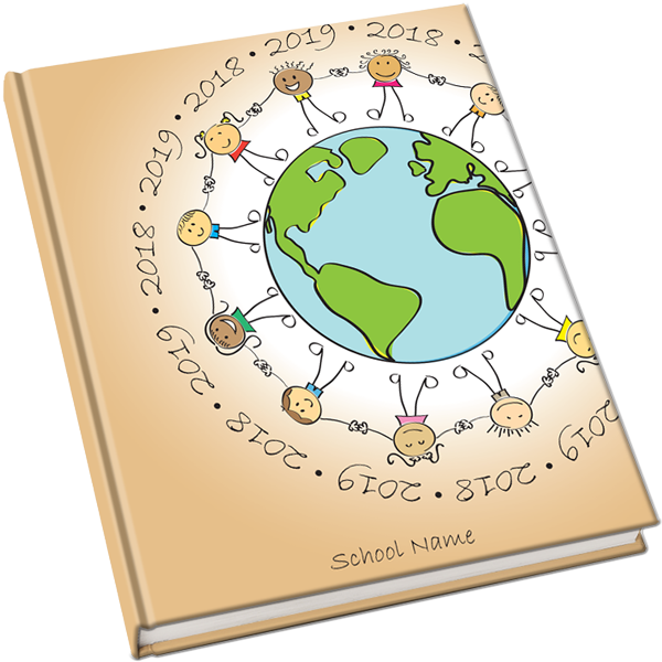 peace and friendship yearbook cover, children holding hands, elementary yearbook cover